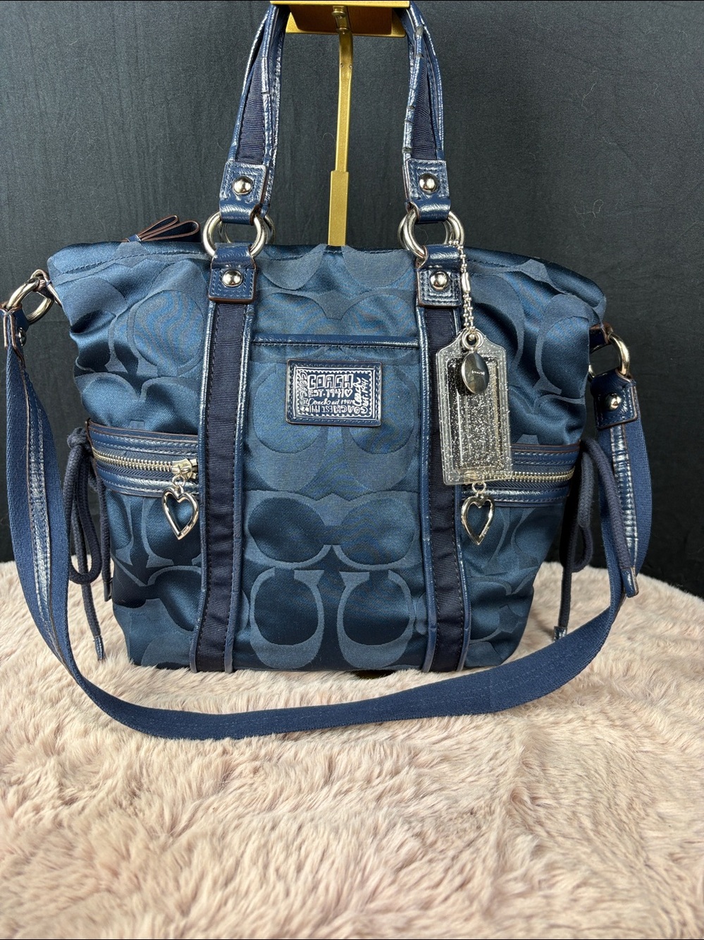 Coach Poppy Signature Sateen Daisy Tote Navy Blue Heart Zipper Charm With Dusty